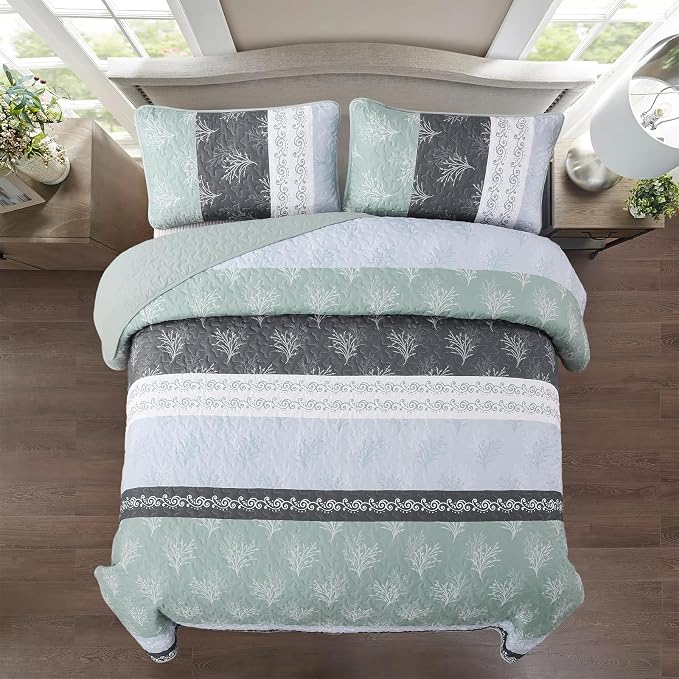 DJY Stripe Quilt Set Queen Size Sage Green Bedspread Coverlet Set 3 Pieces Boho - Image 3