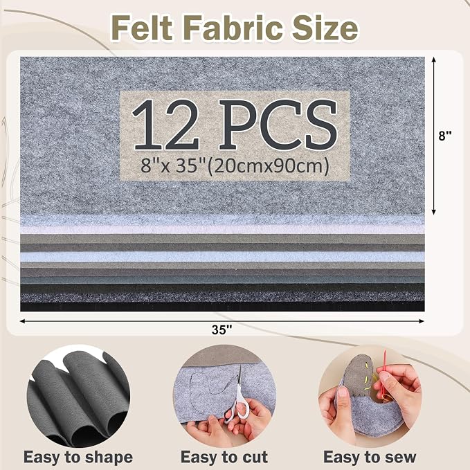 12 Rolls 8"x35" 1.4mm Thick Soft Felt Fabric Sheet 12 Assorted White Grey - Image 2
