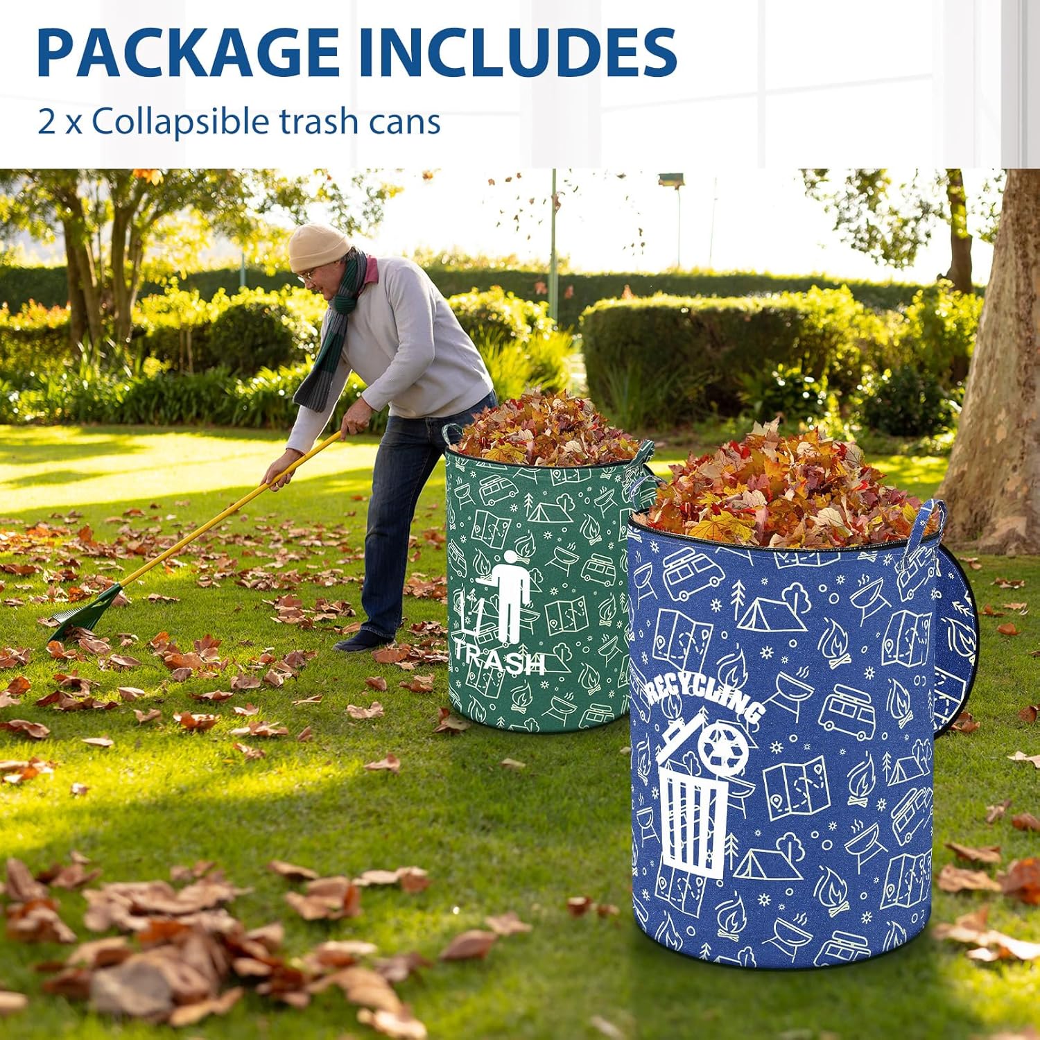 2 Pack Collapsible Trash Can Camping with Zippered Lid Foldable Storage Bin Portable Garbage Can for Outdoor Camping RV's Yard Waste (Trash and Recycling Style)
