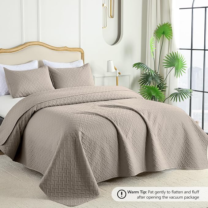 FLYMME Quilts King Size, Lightweight Taupe Bedspreads, Basket Weave Pattern - Image 2