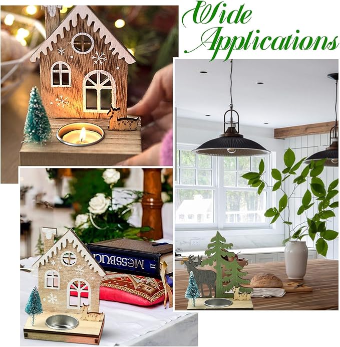 2 pcs 2 Styles Christmas Candlestick Theme Wooden Bases House Deer Tree Wood - Image 7
