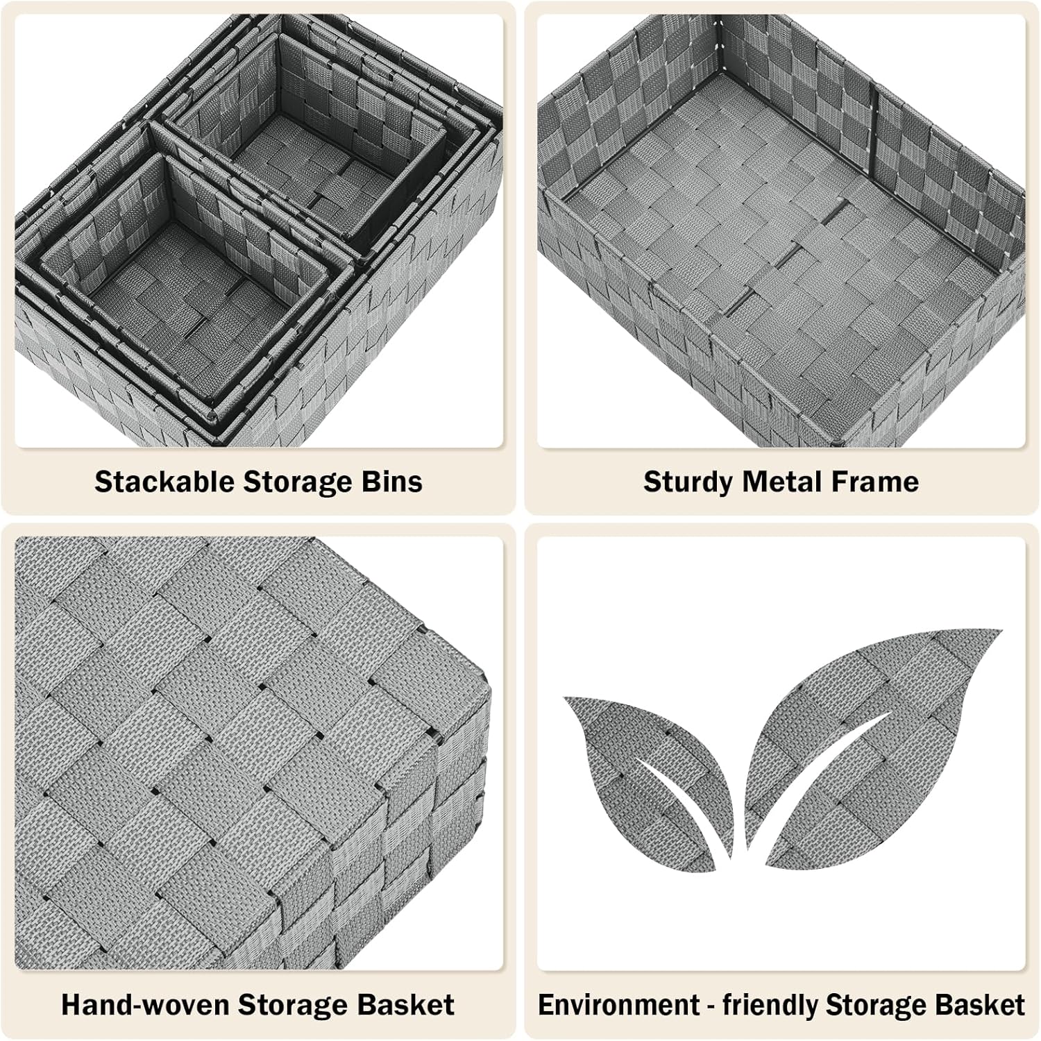 Woven Storage Baskets, Storage Bins, Cube Basket Container Baskets Storage Boxes Organizers for Clothes /Shelves/ Closet, Set of 6 (Grey)