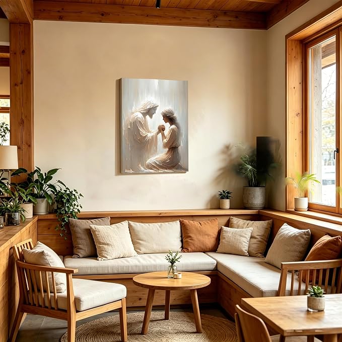Framed Jesus and Praying Woman Canvas Wall Art -, Divine Mercy Savior Painting - Image 8