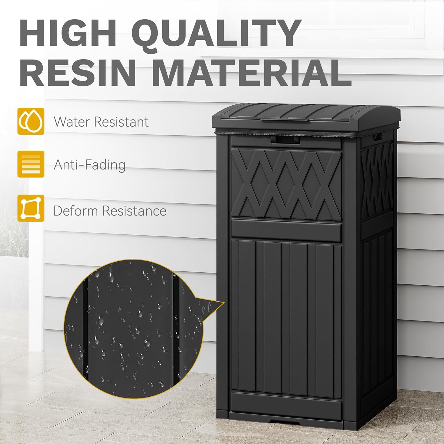 DWVO 36-Gallon Outdoor Trash Can with Fabric Bag, Tiered Lid & Drip Tray, Waterproof Resin Garbage Bin for Patio, Deck, and Backyard, Black