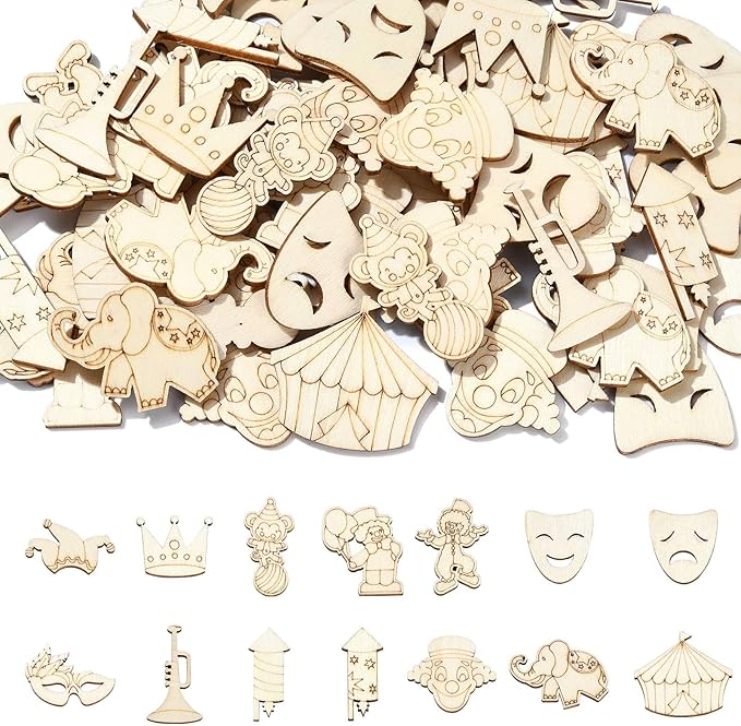 200 pcs Mixed Styles Carnival Theme Unfinished Wood Cutout Charms Crown Clown by Gythara