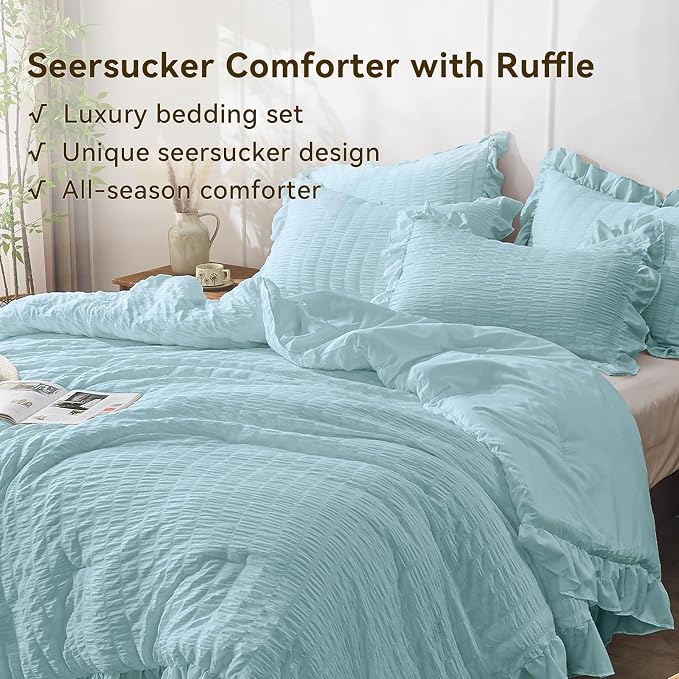 JOLLYVOGUE Light Blue Queen Comforter Set, 3 Pieces Seersucker Comforters Queen - Image 3