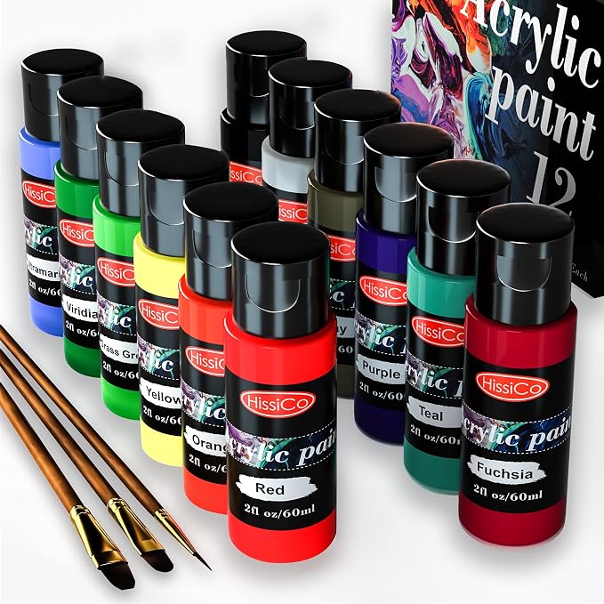 Acrylic Paint Set of 12 Colors 2fl oz 60ml Bottles, Non Toxic 12 Colors Acrylic by HissiCo
