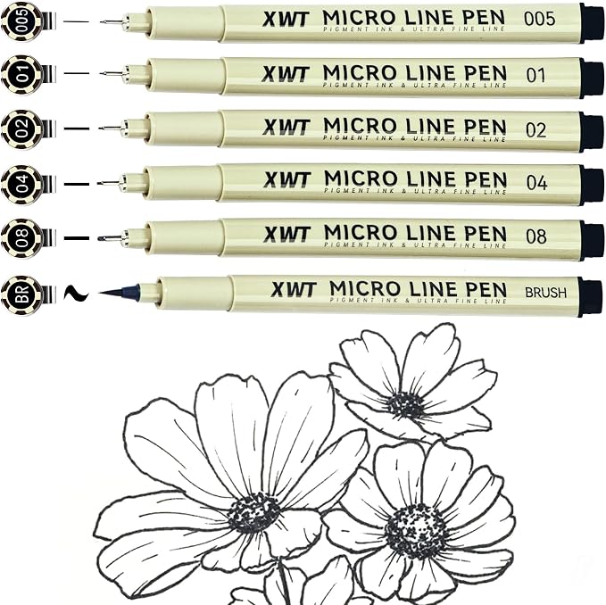 Micro Fineliner Pens 6 Size/Set, Ultra Fine Fineliner Pen, Brush Marker Pen by XWT