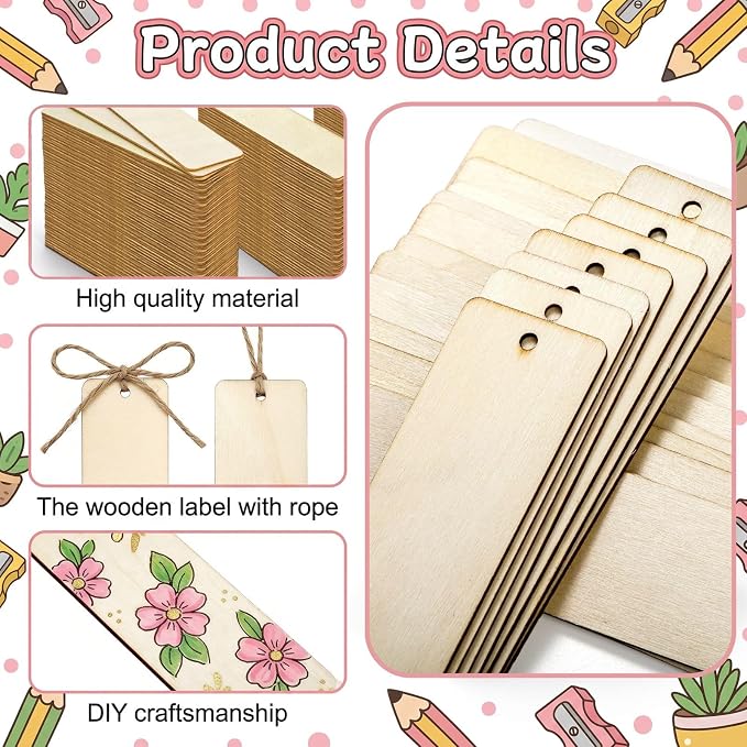 Cididu 150 Pieces Wood Blank Bookmark, DIY Wooden Craft Bookmark - Image 3