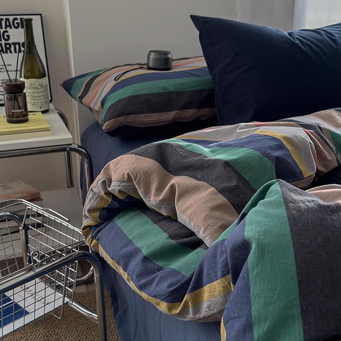 mixinni Vintage Striped Duvet Cover Full 100% Washed Cotton Bedding Set Retro - Image 6