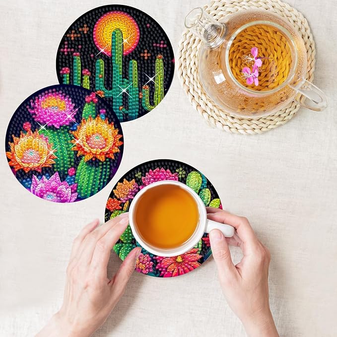 TDOOW Diamond Art Painting Coasters 8 Pcs Colorful Cacti Diamond Art Coasters - Image 3