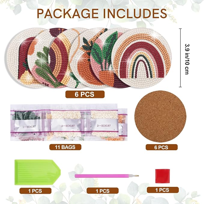 Temlum 6 Pcs Diamond Painting Coasters Kit, Abstract Plant Diamond Art Coasters - Image 2
