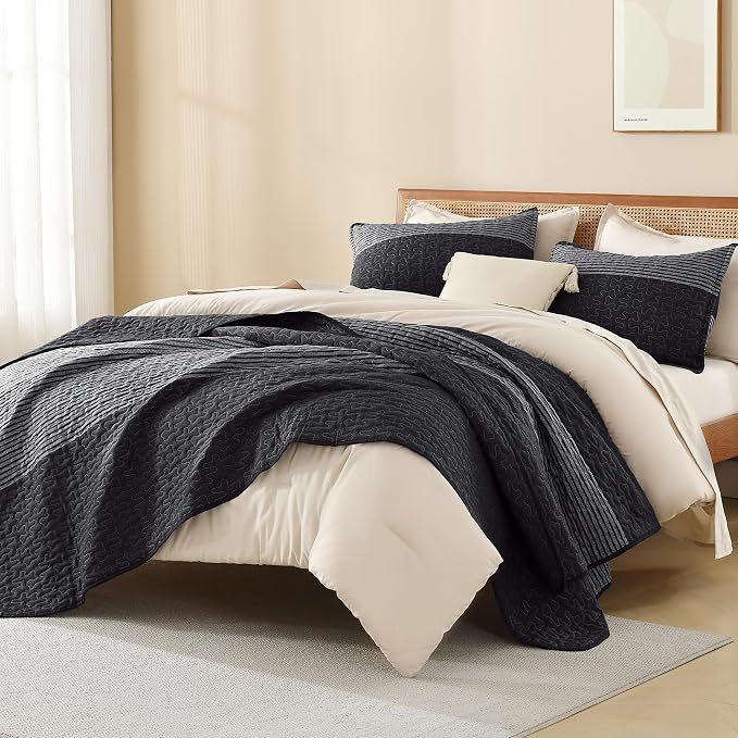 Litanika Oversized King Quilt Set Black and White, 120x98 Stripe Bedspread - Image 4