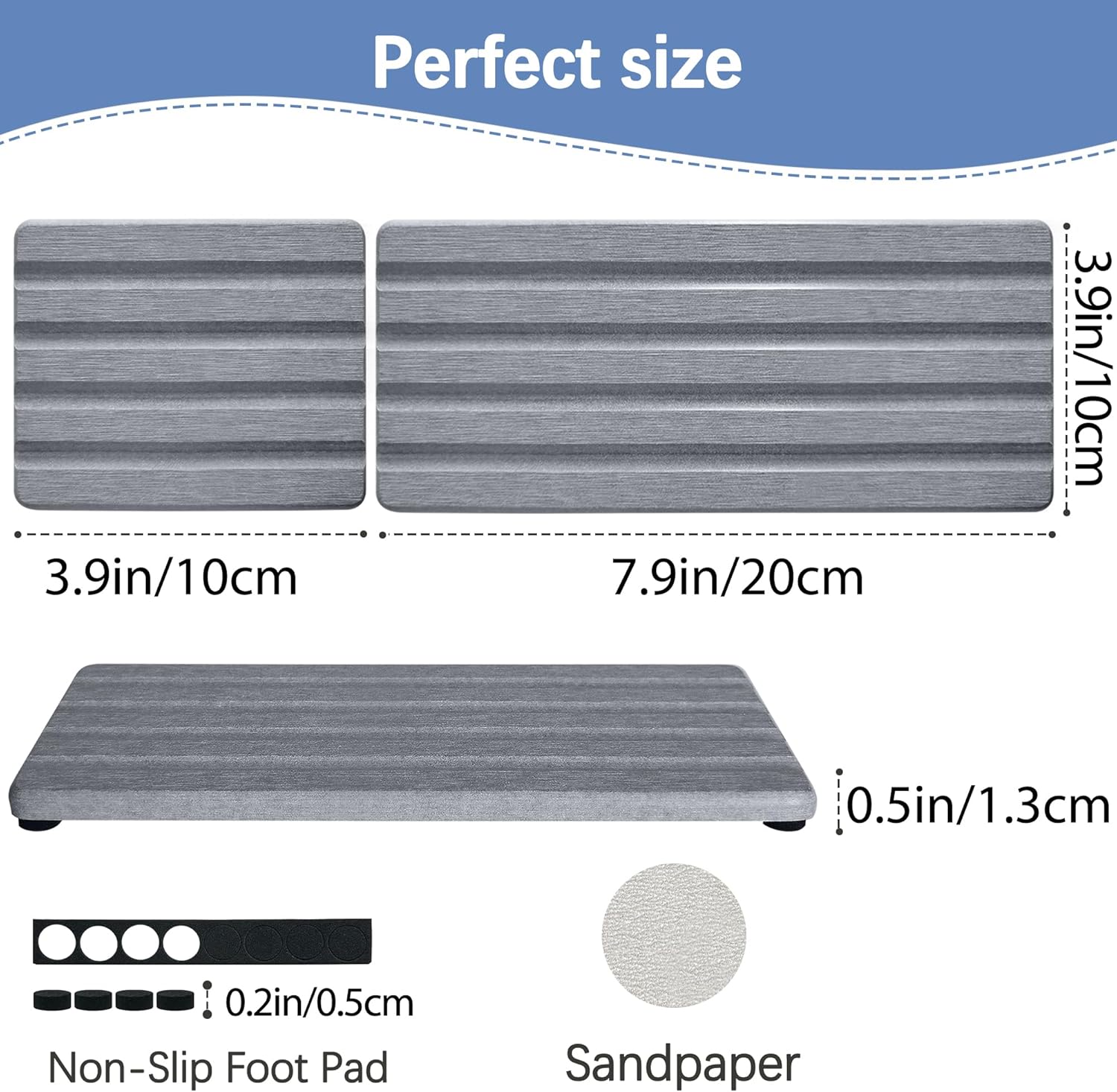 Set of 3 Diatomite Hand Soap Holder, Water Absorbing Stone Tray for Kitchen Countertop, Fast-Drying Bathroom Trays(1pcs 20 x 10cm + 2pcs 10 x 10cm Grey)