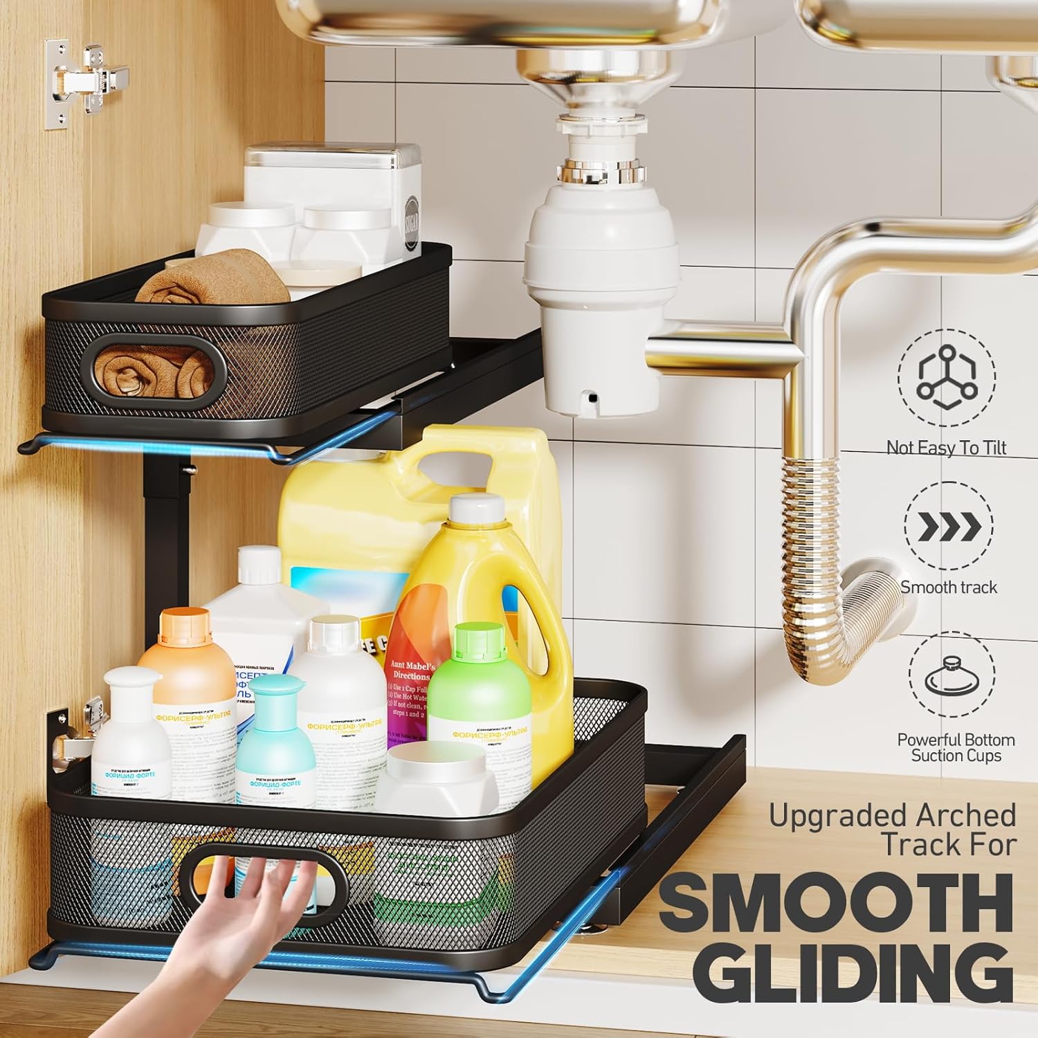 1-Pack Under Sink Storage Organizer with 2-Tier Slide Out Drawer, Sophisticated Mesh Pull Out Shelf for Kitchen & Bathroom, Fits Small Items, Upgraded Arched Track for Smooth Gliding-Black