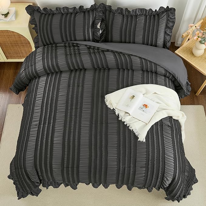 WONGS BEDDING King Size Comforter, Dark Grey Boho Comforter Set King, Shabby - Image 3