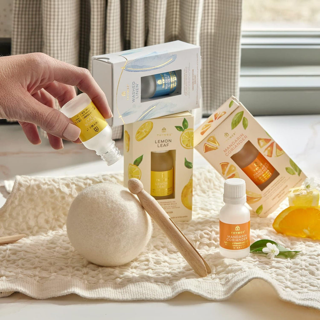 Thymes Wool Dryer Balls Set – Includes 3 Wool Laundry Balls + 1 Scented Laundry Fragrance Oil for Dryer – Eliminate Wrinkles, Static & Lint (Lemon Leaf, 0.5 fl oz)
