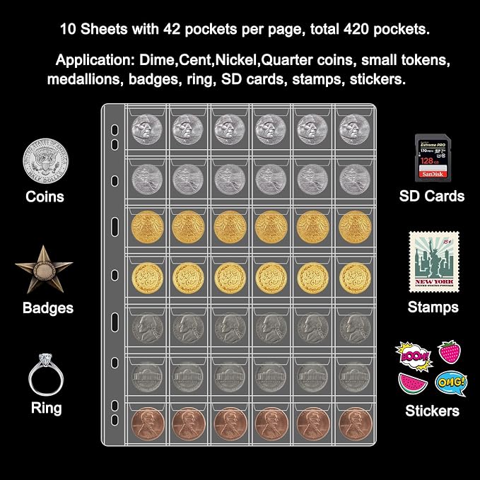 42 Pocket Coin Pages for Collectors, 10 Sheets Coins Sleeves Coin Holders Stamp - Image 2