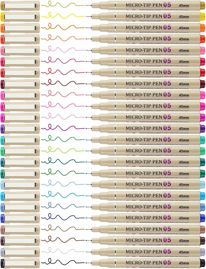 24 Colors Fineliner Pen Set, 05 Tip Fine Point Drawing Pens | Bleed Free Needle by Attom+Tech+Art