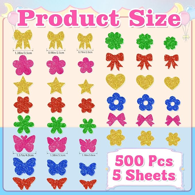 500Pcs Foam Stickers Glitter Colorful Flower Butterfly Bow Shapes Stickers - Image 2