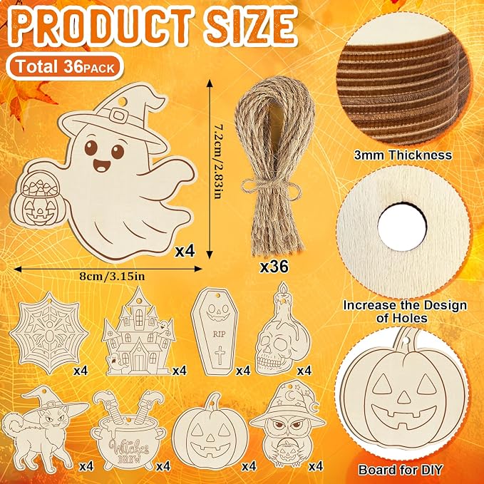 36PCS Wooden Halloween Ornaments to Paint Fall Decorations Crafts - Image 2