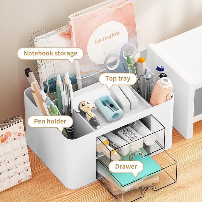 Marbrasse Pen Organizer with 2 Drawer, Desk Organizers and Accessories with 5 - Image 2