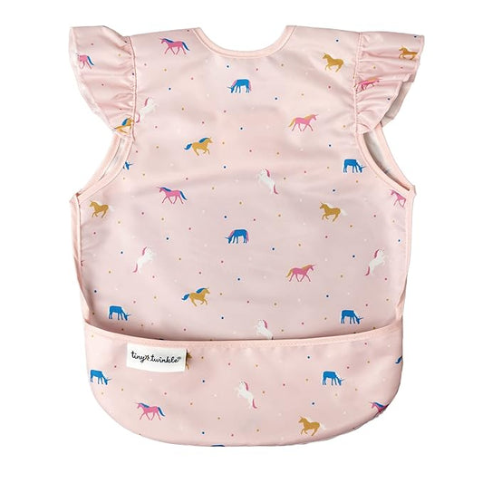 Tiny Twinkle Short Sleeve Apron Baby & Toddler Bib for Girls – Waterproof, Mess-Proof Bibs for Eating & Feeding, Machine Washable,Perfect Holiday Gift (Unicorn Confetti, 6–24M)