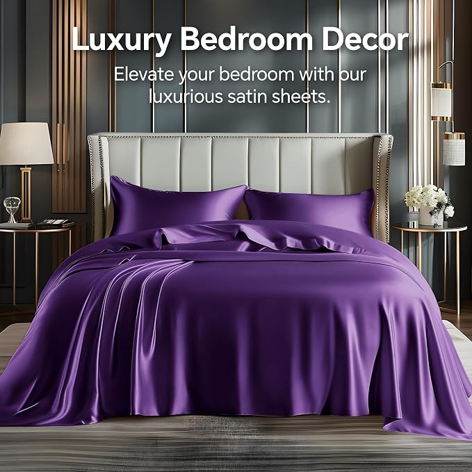 BEDELITE King Size Sheets Set, Luxury Soft Plum Purple Satin Sheets - Image 2