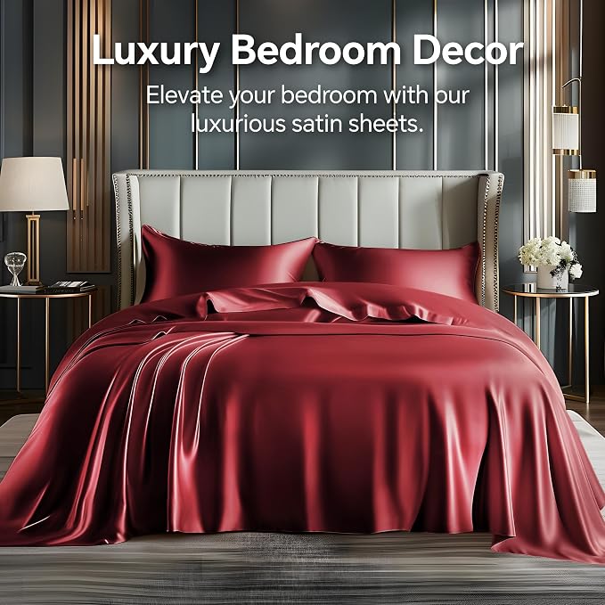 BEDELITE California King Sheets Set, Luxury Soft Burgundy Satin Sheets - Image 2