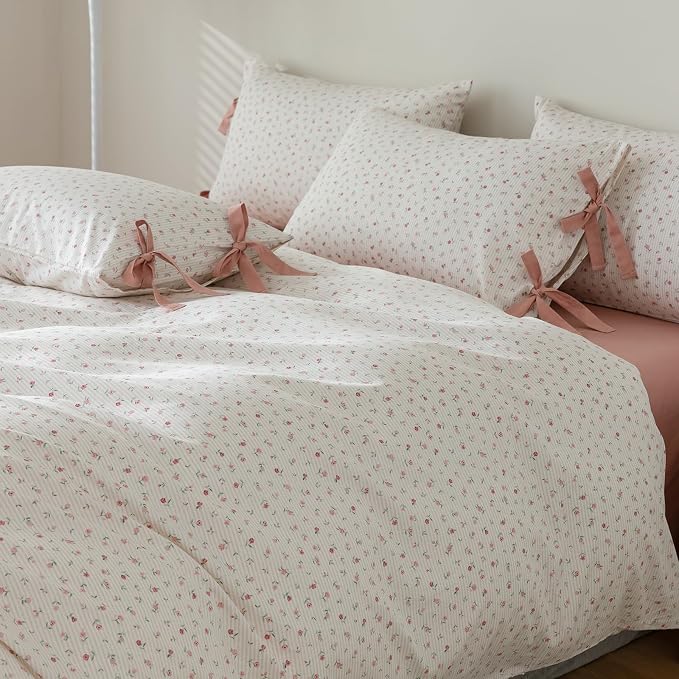 mixinni White Flower Pattern Duvet Cover Twin XL Pink Floral Stripes Duvet - Image 4