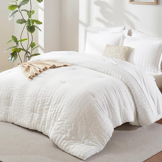 CozyLux Oversized King Comforter Set White Seersucker 7 Pieces 120x98 Bed in a by CozyLux