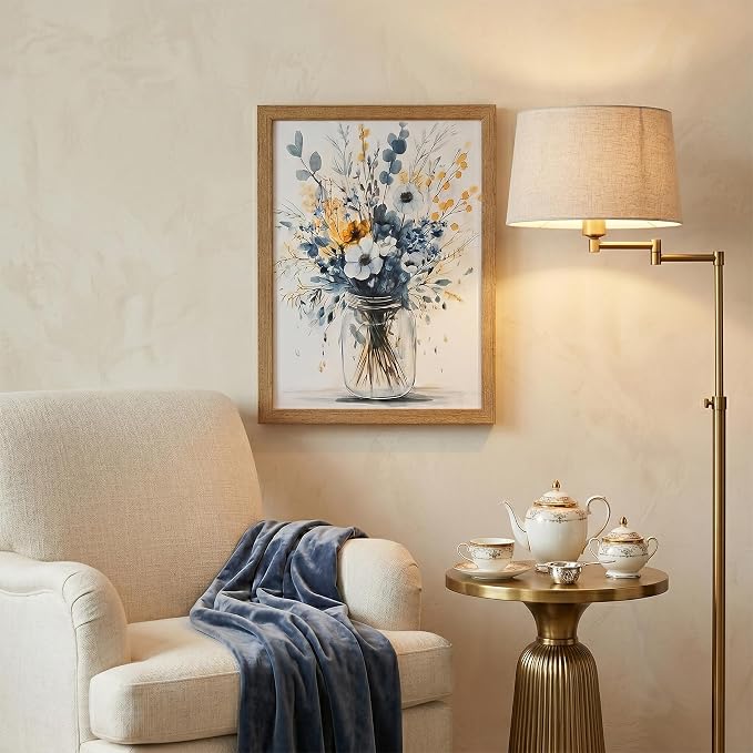 REWBKFIM Navy Blue Floral Canvas Wall Art Watercolor Botanical Bouquet in Mason - Image 5