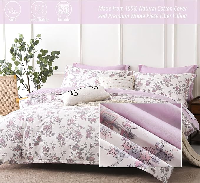LEMIROE Pink Floral Cotton Comforter King Size 3PC - Image 2