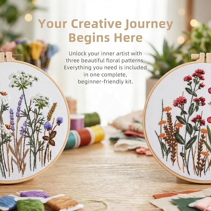 Herdiese Embroidery Kit for Beginners & Adults, Pre-Printed Fabrics, 9 Needles - Image 3