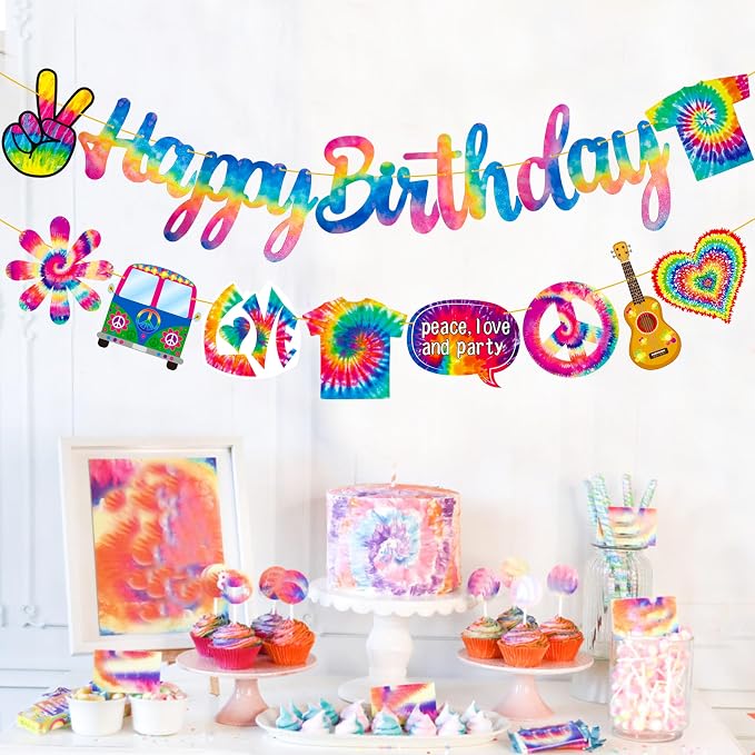 C L cooper life Tie Dye Happy Birthday Banner, Art Theme Party Decorations - Image 7