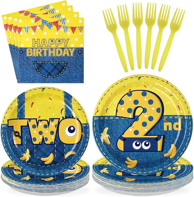 96 Pcs Yellow Cartoon 2nd Birthday Party Supplies Yellow Jeans Banana Plates by Greencian