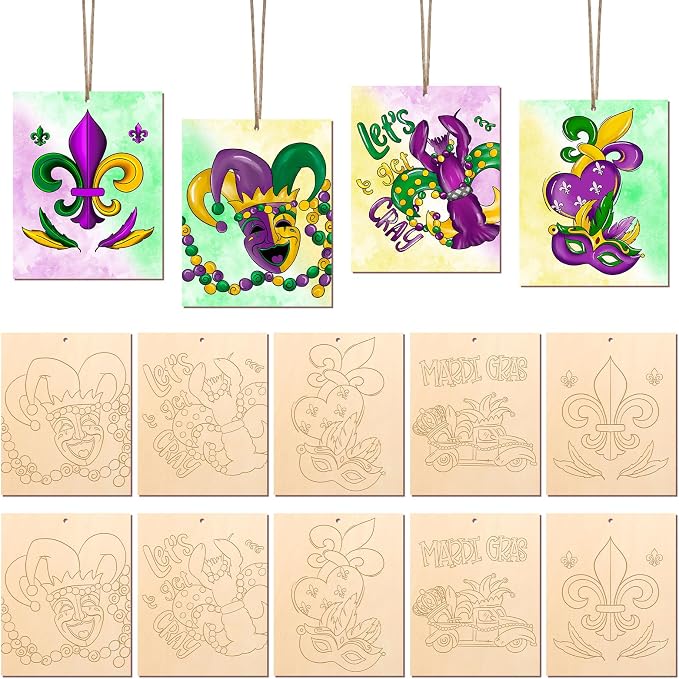 COCHIE 10 Pieces Large Mardi Gras Unfinished Wood Crafts to Paint by COCHIE