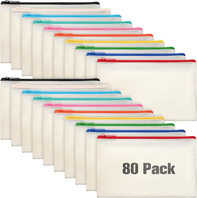 Reginary 80 Pack Canvas Zipper Makeup Bags Bulk Pencil Pouches Blank DIY Craft by Reginary