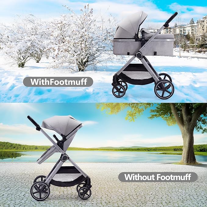 2 in 1 Baby Stroller, Newborn Infant Toddler Convertible Pram Stroller for 0-36 Months Old Babies (Grey)