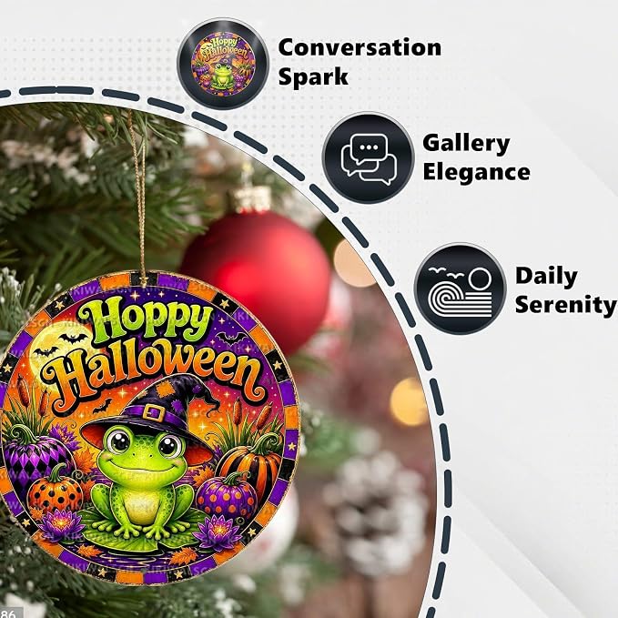 Cute Frog Witch Halloween Metal Tin Sign Round Wall Decor Pumpkin Lotus Moon - Image 3