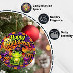Cute Frog Witch Halloween Metal Tin Sign Round Wall Decor Pumpkin Lotus Moon - Image 3