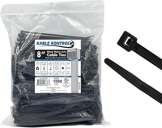 Kable Kontrol Cable Zip Ties 1000 Pcs 8 Inch Black, 50 Lbs Tensile Strength by KABLEKONTROL%C2%AE