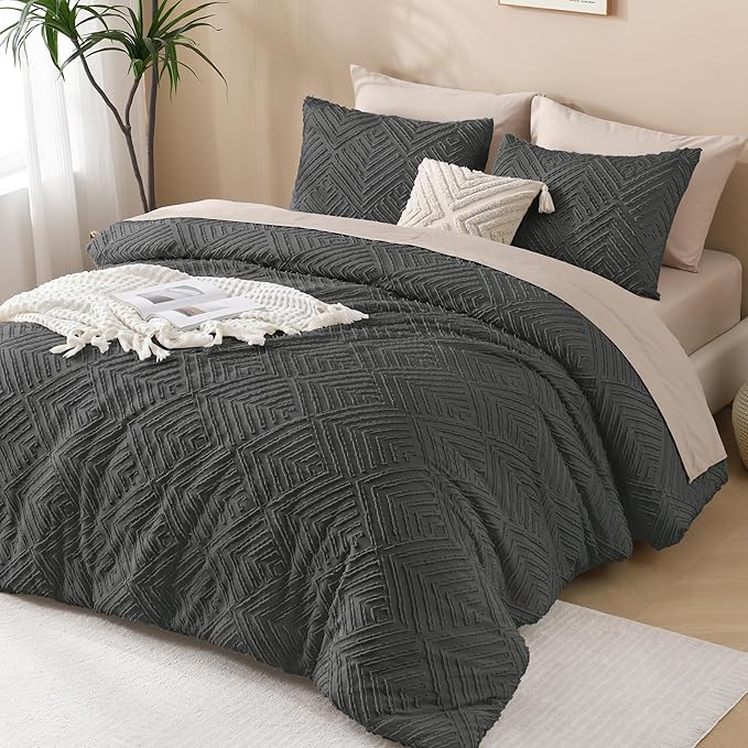 Andency Dark Grey Comforter Set Queen, 3 Pieces Tufted Farmhouse Shabby Chic - Image 6