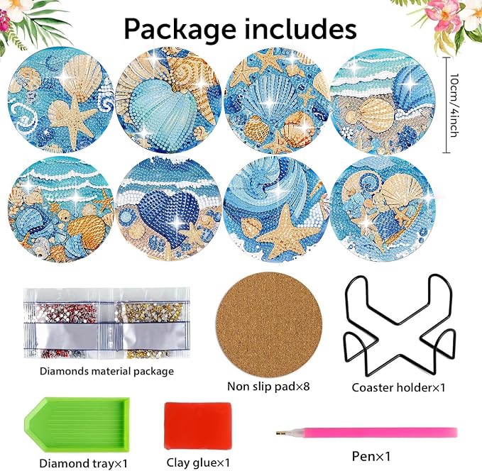 8 Pack Ocean Diamond Art Coasters, Seashell Diamond Painting Coasters Kits | - Image 2