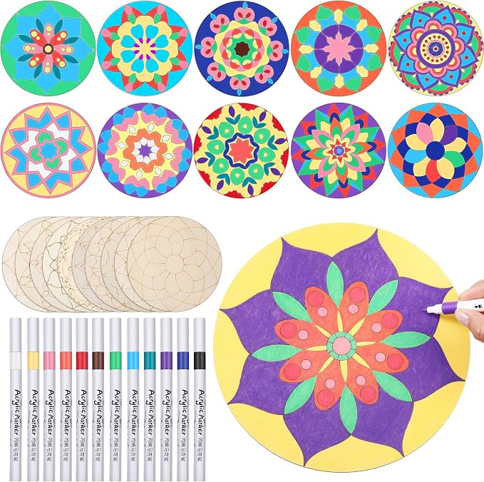 Vercraft 22 Pcs Wooden Mandala Painting Set 10 Mandala Unfinished Wood Cutouts by Vercraft