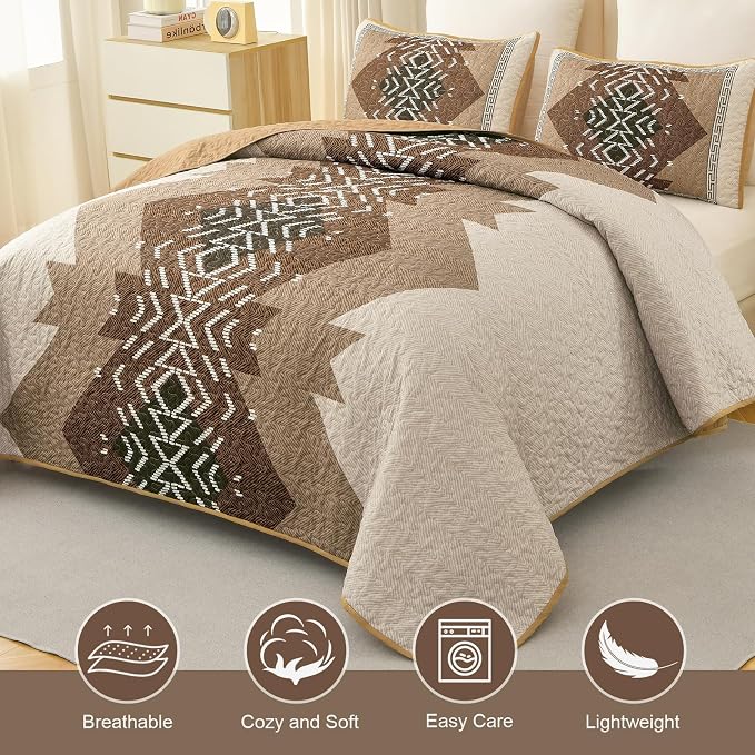 Dintszyayue Boho Queen Size Quilt Set, 3 Pieces Aztec Texture Bedding Coverlet - Image 3