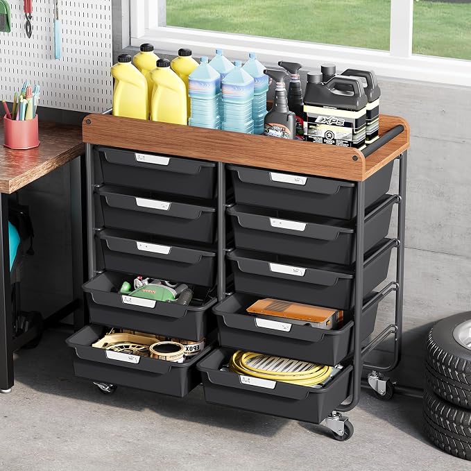 10 Drawers Rolling Cart with Wooden Tabletop, Utility Storage Cart with Wheels - Image 2