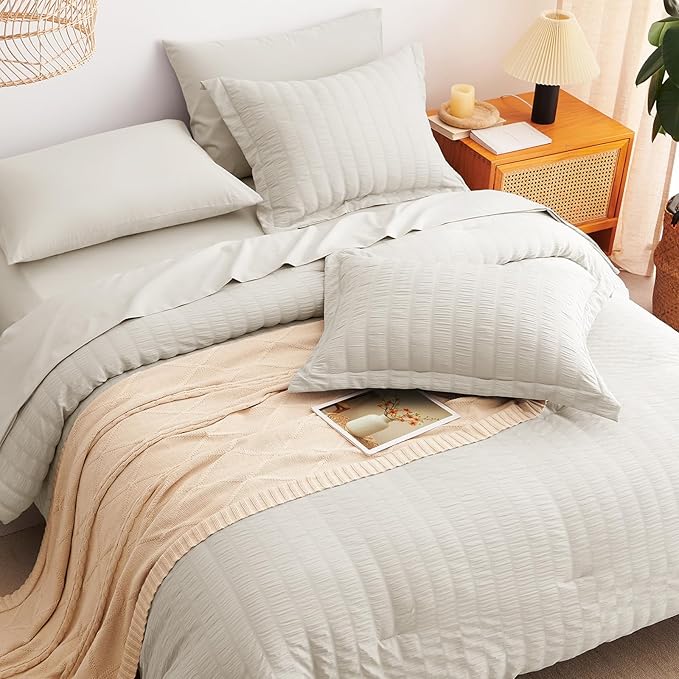 CozyLux Oversized King Comforter Set Beige Seersucker 7 Pieces 120x98 Bed in a - Image 8