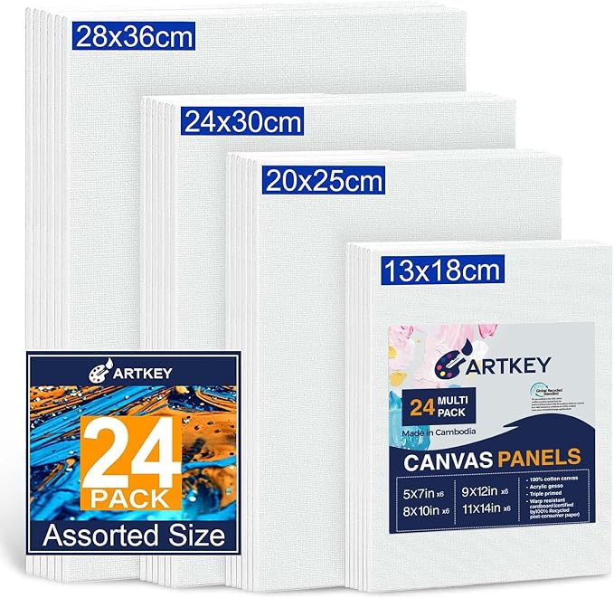 Canvas Panels 24-Pack 5x7, 11x14 Inch, 10 oz Primed 100% Cotton Canvases by Artkey