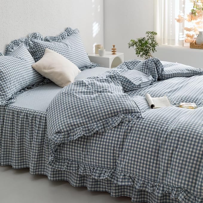 mixinni Blue White Gingham Ruffle Duvet Cover Twin XL Size 3 Pieces – 100% - Image 2